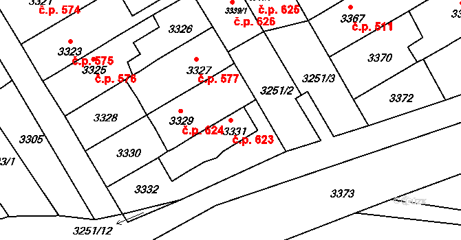 Jirkov 623 na parcele st. 3331 v KÚ Jirkov, Katastrální mapa