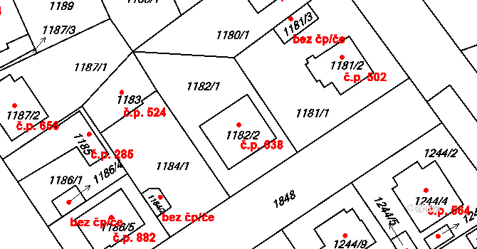 Černice 638, Plzeň na parcele st. 1182/2 v KÚ Bručná, Katastrální mapa