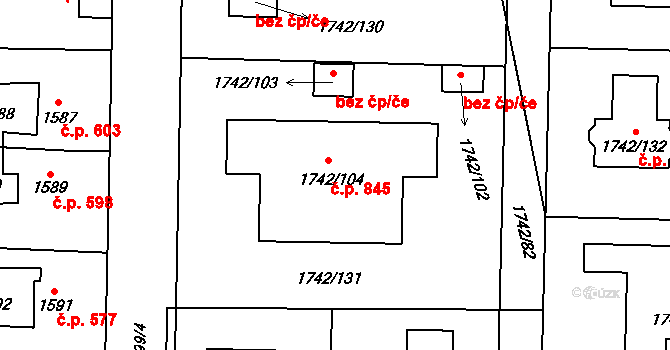 Dolní Chabry 845, Praha na parcele st. 1742/104 v KÚ Dolní Chabry, Katastrální mapa