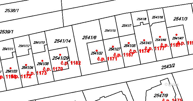 Komín 1171, Brno na parcele st. 2541/32 v KÚ Komín, Katastrální mapa