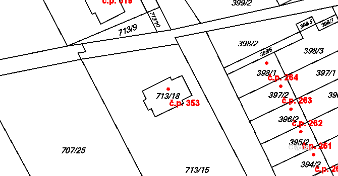 Černé Budy 353, Sázava na parcele st. 713/18 v KÚ Černé Budy, Katastrální mapa