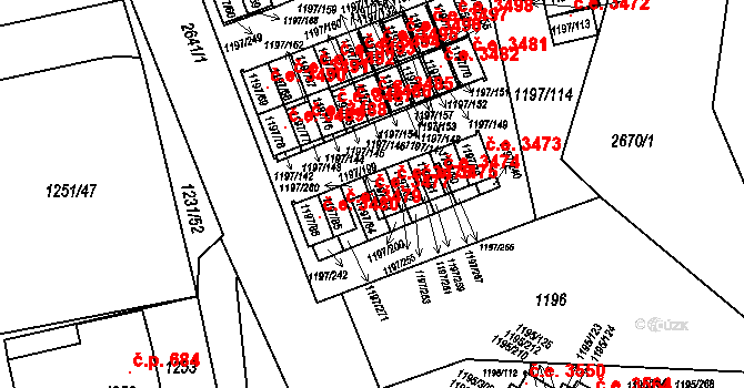 Prostřední Suchá 3477, Havířov na parcele st. 1197/83 v KÚ Prostřední Suchá, Katastrální mapa