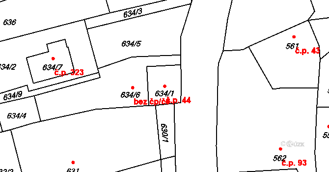 Komárov 44, Opava na parcele st. 634/1 v KÚ Komárov u Opavy, Katastrální mapa