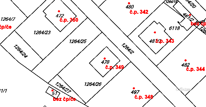 Pitín 349 na parcele st. 478 v KÚ Pitín, Katastrální mapa