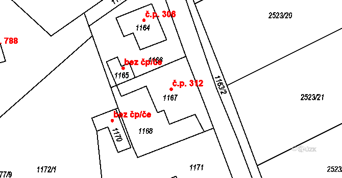 Rapotín 312 na parcele st. 1167 v KÚ Rapotín, Katastrální mapa