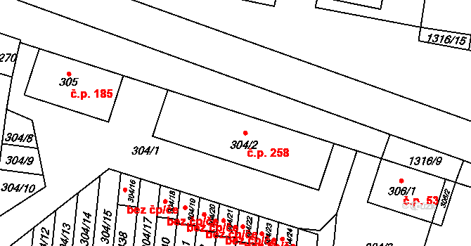 Lužec nad Vltavou 258 na parcele st. 304/2 v KÚ Lužec nad Vltavou, Katastrální mapa