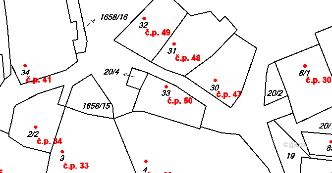 Chotěmice 50 na parcele st. 33 v KÚ Chotěmice, Katastrální mapa