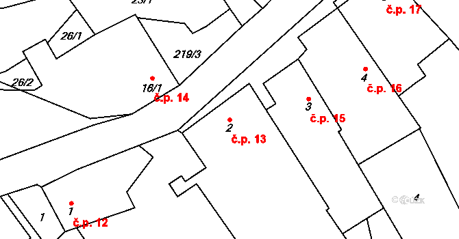 Rumberk 13, Deštná na parcele st. 2 v KÚ Rumberk, Katastrální mapa