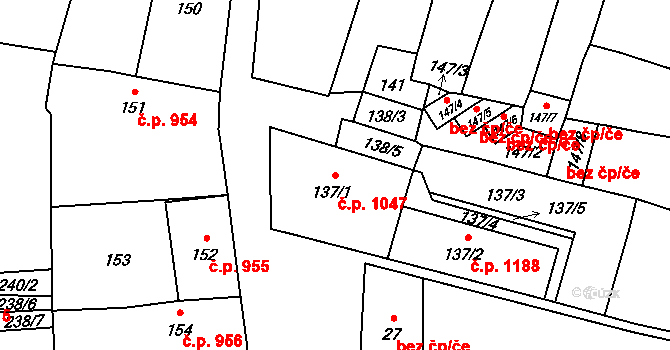 Mohelnice 1047 na parcele st. 137/1 v KÚ Mohelnice, Katastrální mapa