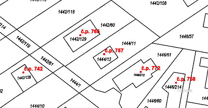 Troubsko 757 na parcele st. 1444/12 v KÚ Troubsko, Katastrální mapa