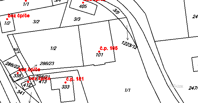 Šlapanov 105 na parcele st. 101 v KÚ Šlapanov, Katastrální mapa