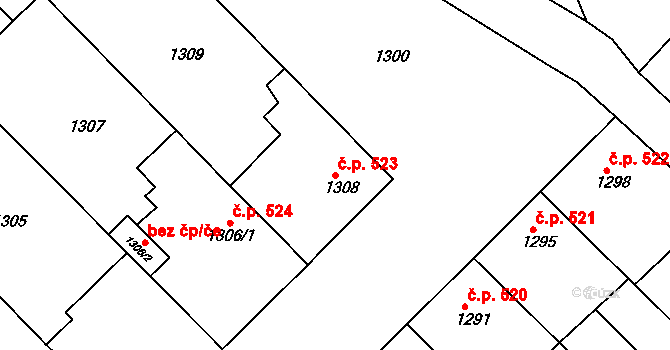 Hrušky 523 na parcele st. 1308 v KÚ Hrušky, Katastrální mapa