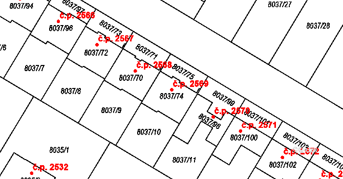 Objekt 2569 na parcele st. 8037/74 v KÚ Město Žďár, Katastrální mapa