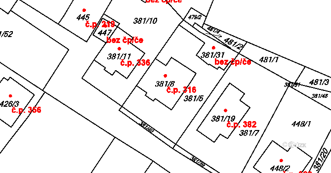 Šanov 316 na parcele st. 381/8 v KÚ Šanov nad Jevišovkou, Katastrální mapa