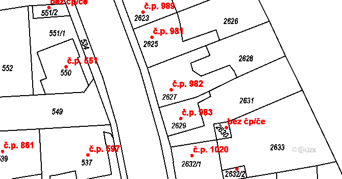 Kročehlavy 982, Kladno na parcele st. 2627 v KÚ Kročehlavy, Katastrální mapa