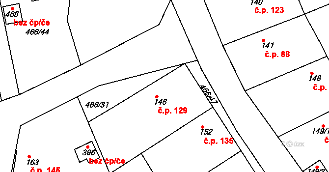 Broumy 129 na parcele st. 146 v KÚ Broumy, Katastrální mapa