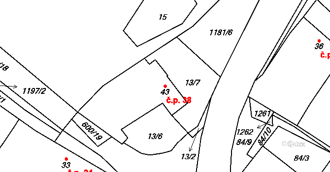 Bradáčov 38 na parcele st. 43 v KÚ Bradáčov, Katastrální mapa