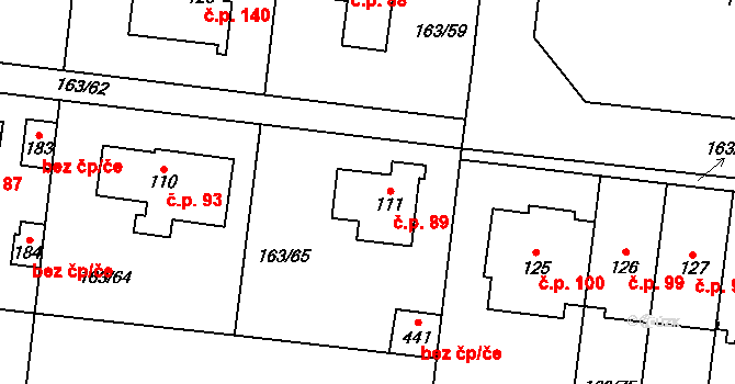 Čestlice 89 na parcele st. 111 v KÚ Čestlice, Katastrální mapa