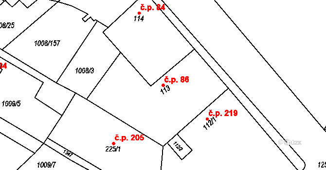 Krchleby 86 na parcele st. 113 v KÚ Krchleby u Nymburka, Katastrální mapa