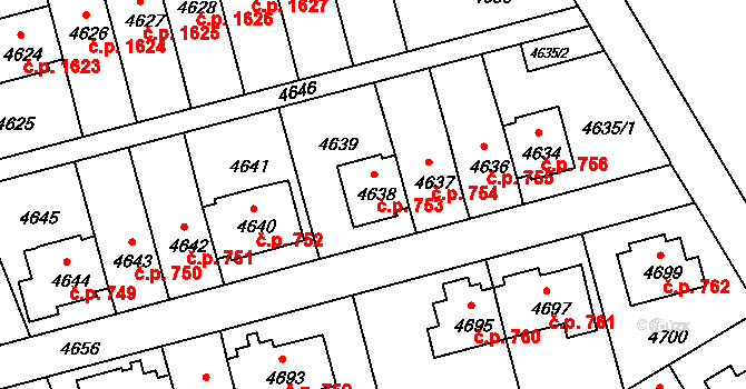 Záběhlice 753, Praha na parcele st. 4638 v KÚ Záběhlice, Katastrální mapa
