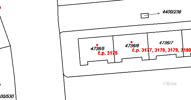 Modřany 3175, Praha na parcele st. 4736/5 v KÚ Modřany, Katastrální mapa