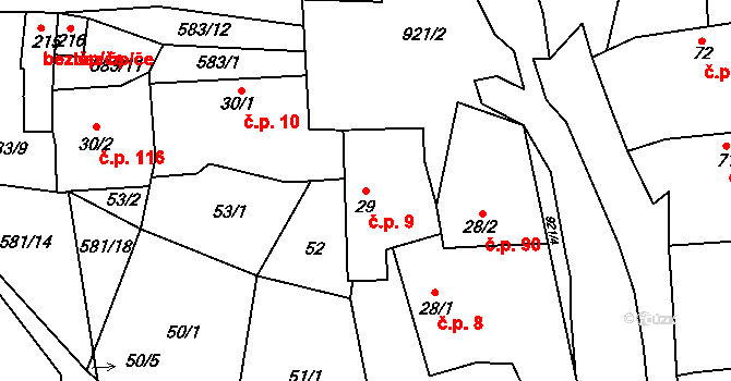 Drahlín 9 na parcele st. 29 v KÚ Drahlín, Katastrální mapa