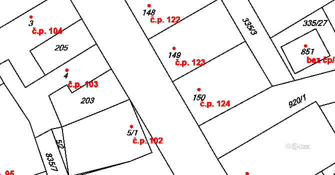 Stará Huť 123 na parcele st. 149 v KÚ Stará Huť, Katastrální mapa
