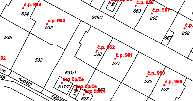 Jirkov 962 na parcele st. 530 v KÚ Jirkov, Katastrální mapa