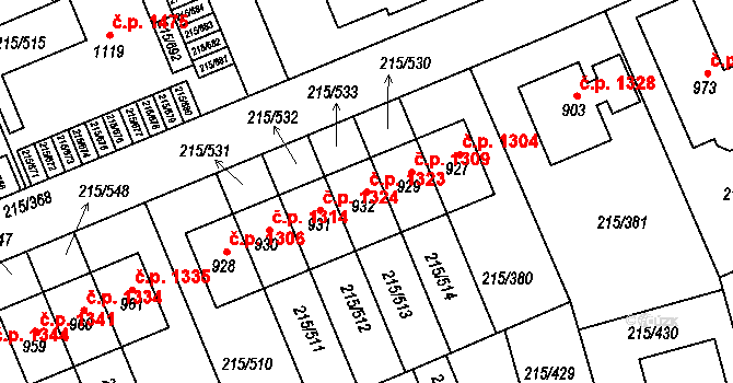 Rudná 1323 na parcele st. 932 v KÚ Hořelice, Katastrální mapa