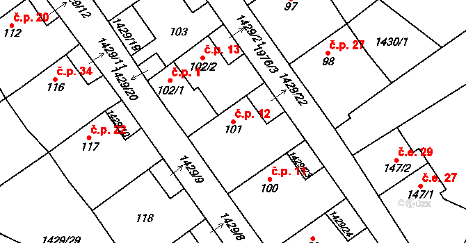 Jedvaniny 12, Nečtiny na parcele st. 101 v KÚ Březín, Katastrální mapa