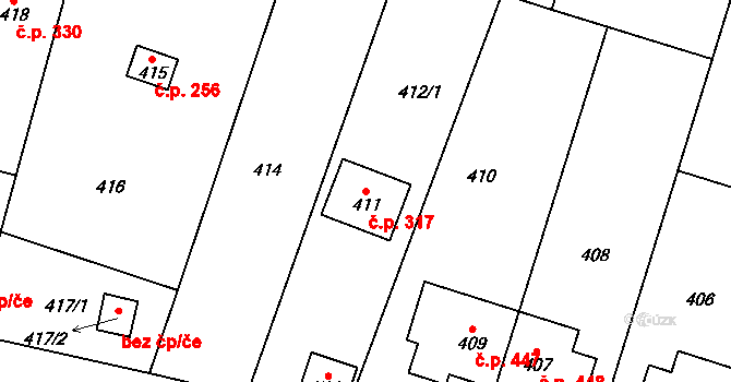 Velká Bíteš 317 na parcele st. 411 v KÚ Velká Bíteš, Katastrální mapa