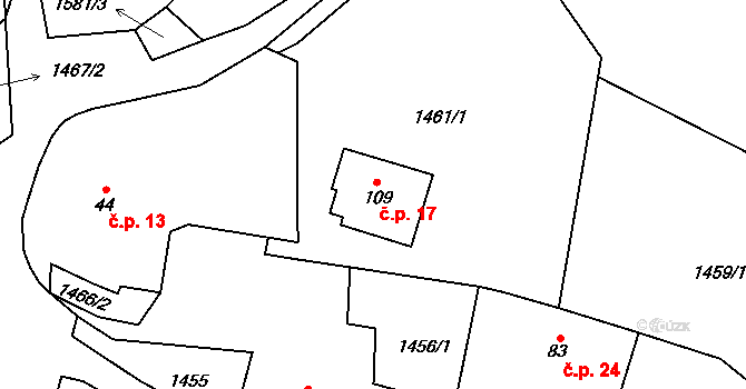 Březí 17, Zhoř na parcele st. 109 v KÚ Březí u Milevska, Katastrální mapa