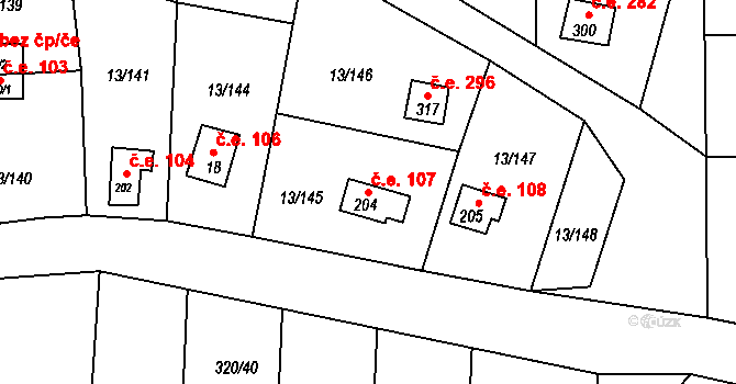 Mechová 107, Lipová na parcele st. 204 v KÚ Mechová, Katastrální mapa