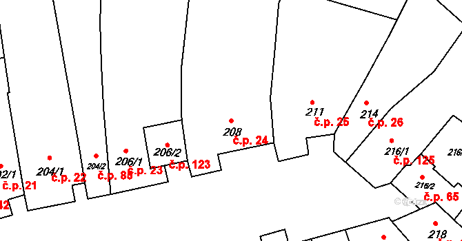 Hrušky 24 na parcele st. 208 v KÚ Hrušky u Brna, Katastrální mapa