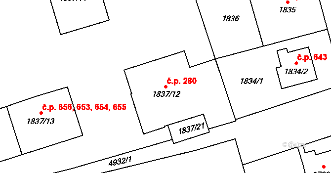 Litomyšlské Předměstí 280, Vysoké Mýto na parcele st. 1837/12 v KÚ Vysoké Mýto, Katastrální mapa