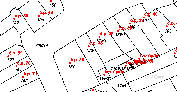 Broumov 35 na parcele st. 186/1 v KÚ Broumov, Katastrální mapa