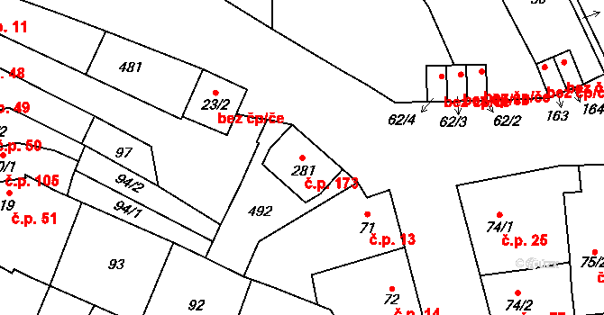 Kožušany 173, Kožušany-Tážaly na parcele st. 281 v KÚ Kožušany, Katastrální mapa