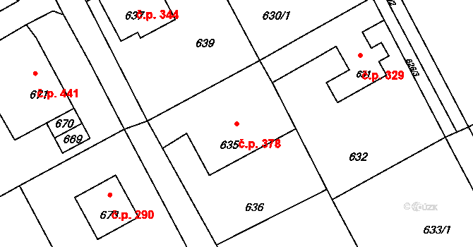 Suchdol nad Odrou 378 na parcele st. 635 v KÚ Suchdol nad Odrou, Katastrální mapa