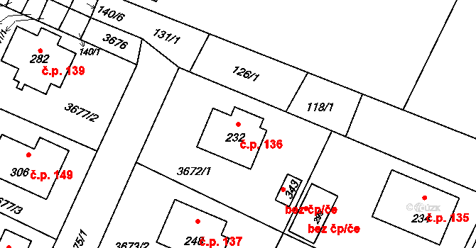 Kozojedy 136 na parcele st. 232 v KÚ Kozojedy u Kralovic, Katastrální mapa