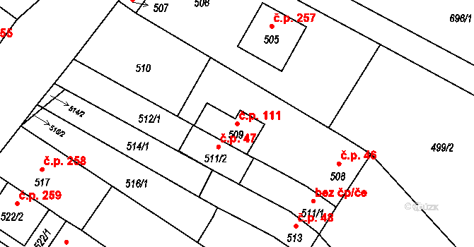 Vážany 111, Kroměříž na parcele st. 509 v KÚ Vážany u Kroměříže, Katastrální mapa