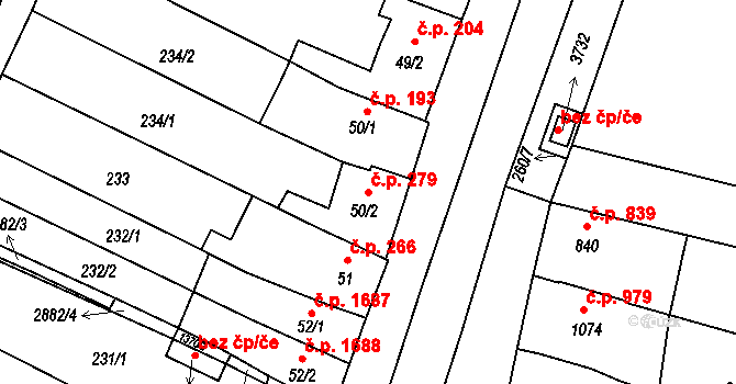 Bystřice pod Hostýnem 279 na parcele st. 50/2 v KÚ Bystřice pod Hostýnem, Katastrální mapa