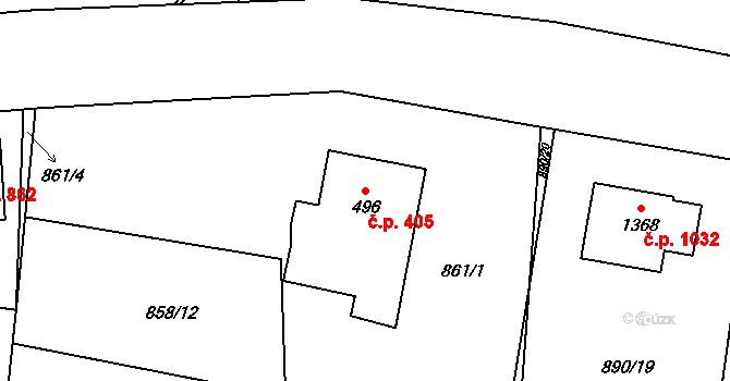 Kozlovice 405 na parcele st. 496 v KÚ Kozlovice, Katastrální mapa