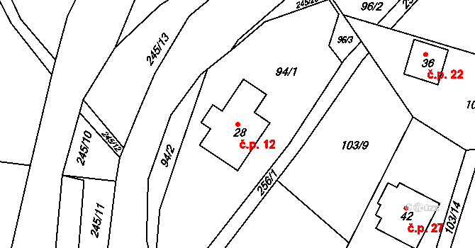 Ploužnice 12, Lomnice nad Popelkou na parcele st. 28 v KÚ Ploužnice pod Táborem, Katastrální mapa