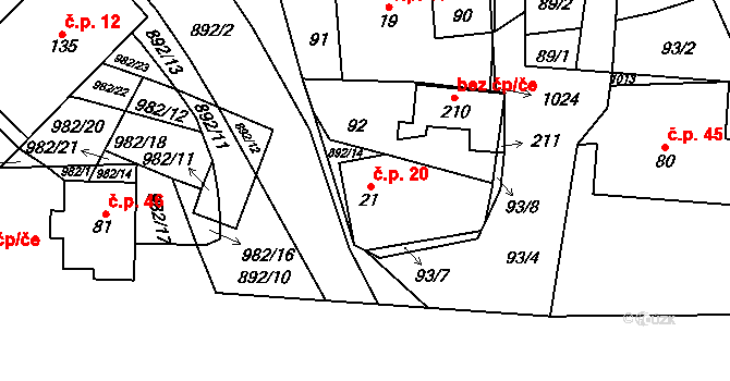 Šárovcova Lhota 20 na parcele st. 21 v KÚ Šárovcova Lhota, Katastrální mapa