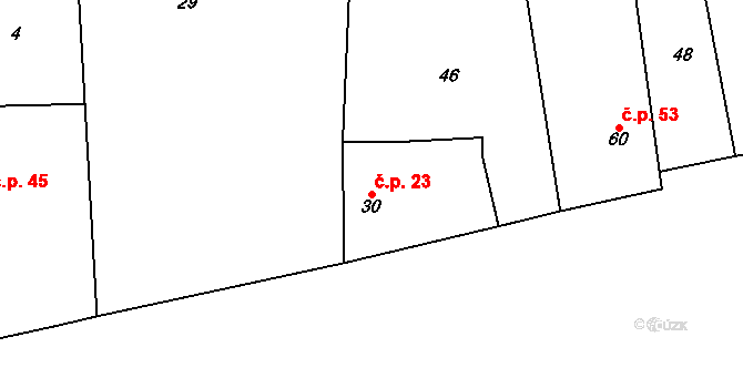 Přední Lhota 23, Poděbrady na parcele st. 30 v KÚ Přední Lhota u Poděbrad, Katastrální mapa