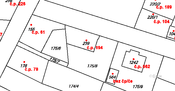 Velké Popovice 194 na parcele st. 239 v KÚ Velké Popovice, Katastrální mapa