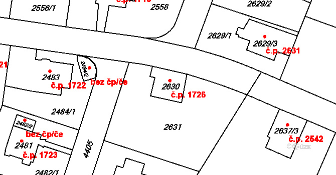 Teplice 1726 na parcele st. 2630 v KÚ Teplice, Katastrální mapa