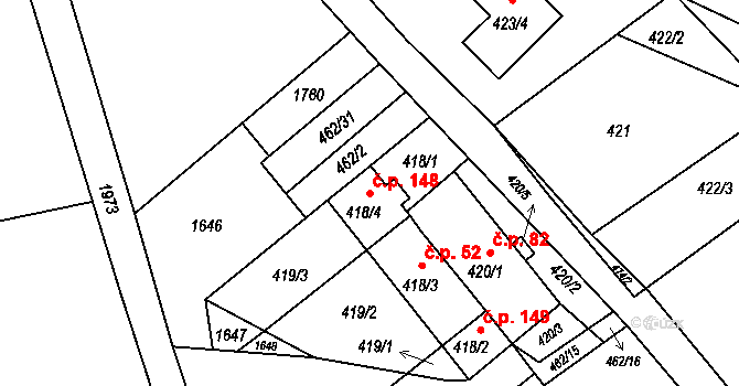 Tušť 148, Suchdol nad Lužnicí na parcele st. 418/4 v KÚ Tušť, Katastrální mapa