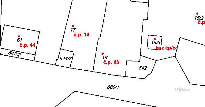 Tušovice 13 na parcele st. 16 v KÚ Tušovice, Katastrální mapa