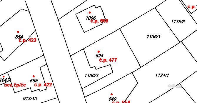 Rožmitál pod Třemšínem 477 na parcele st. 624 v KÚ Rožmitál pod Třemšínem, Katastrální mapa